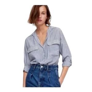 Zara Woman Blue White Stripe Button-Down Blouse XS Hi-Low Roll-Up Sleeves